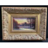 James Skerrett Winter Sunset Over the Village signed, Durley porcelain plaque, 6cm x 12cm, framed