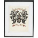 Heraldry - a painted armorial, the arms and motto of Hardy, gouache, 37cm x 27cm