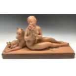 A French plaster model of a reclining female nude with accompanying hound and puppy, chamfered