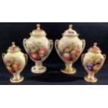 A pair of Aynsley Orchard Gold pattern pedestal two-handled vases and covers; another pair