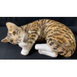 A large Winstanley model of a resting tabby cat, glass eyes, 36cm wide, size 5, painted marks