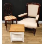 A late Victorian drawing room chair; a Hepplewhite Revival design side chair; a scrub-top low