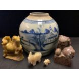 A Chinese blue and white ovoid jar; a carved soapstone figure; etc (5)