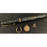 A Watermans W3 fountain pen with 14ct gold nib; a 9ct gold St Christopher charm, a 9ct gold M charm,