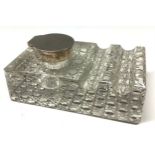 A George V silver mounted desk inkwell, hobnail-cut base, 14cm long, Birmingham 1933