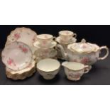 A Royal Crown Derby Royal Pinxton Roses pattern large teapot, milk jug, sugar bowl, six teacups