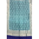 Textiles - a Zari shawl embroidered in gold thread on a turquoise blue ground, cobalt borders,