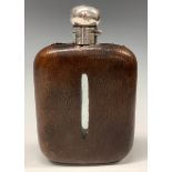 A large George V silver hip flask, leather-clad, 17cm long, Birmingham 1928