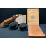 A J M Callon bowler hat; another; a Shove Ha'Penny board; a novelty wooden wheel barrow (3)