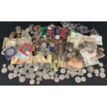 Coins and Banknotes - British pre 1947 silver coins, 530g; other British and world base metal coins;