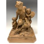 A French terracotta group, after Clodion, mother faun embracing her young, stepped base, 23cm