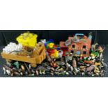 Toys - a set of Britains farm animals; a wooden milk float with plastic bottles; toy dinosaurs; a
