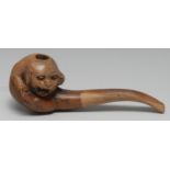 Smoking - a briar pipe, carved as a grotesque fanciful beast, 18cm long