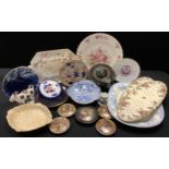 A late 19th century Asiatic Pheasant meat plate; Adams shell shaped dish; pot lids; Bloor Derby; cow