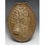 An early 20th century cast iron portrait plaque, Ludwig van Beethoven, bust length in profile,