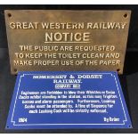 Railwayana - a reproduction cast iron rectangular sign, Great Western Railway Notice, 16cm x 29cm;