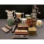 Kitchenalia - a butter churn; an enamelled advertising jug; 18th century flour caster; pastry