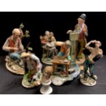 A Capo-Di-Monte figure, The Horologist, signed Franco, 23cm, blue Naples mark; others, The