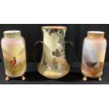 A pair of Crown Devon cylindrical vases, painted with Highland Cattle and Game Birds, each signed,