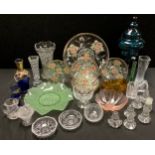 Glassware - an RCR clear glass ballet dancer, an RCR swan group model, vases, decanter, cake set