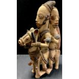 Tribal Art - a terracotta riding group, 45cm