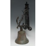 An early 20th century bronze bell, the wrought iron nautical wall bracket with fouled ship's anchor,