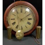 A late 19th century postman's type wall clock, Roman numerals, twin weights, 35cm diam, c.1890