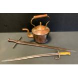 A Victorian copper kettle, c.1880; a chassepot bayonet; a reproduction short sword (3)