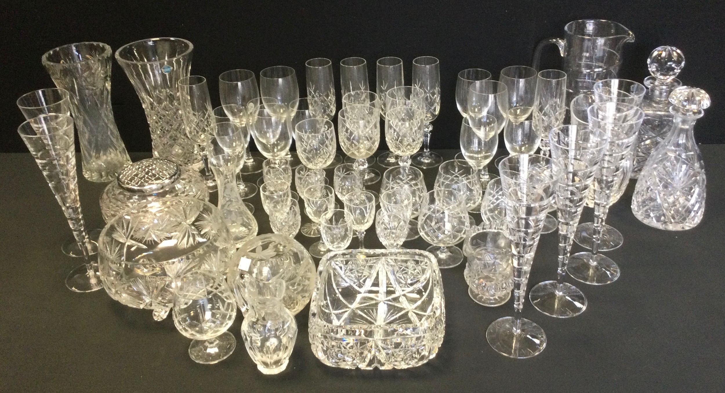 Glass - a set of six Carrs silver crystal hand cut champagne glasses; decanters; vases, wine