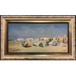 Bauer (20th century, continental school), 'Aristocratic Beach Gathering', signed, oil on board, 29cm