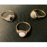 Three 9ct dress rings, cz and coloured stones, 6.4g gross
