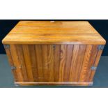 A pine hinged storage box and cover, brass mounted with a pair of handles, 73cm wide