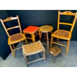 A pair of 20th century oak side chairs, cane seats; a 20th century oak stool; another similar; a oak