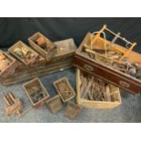 Tools and fixings; vintage coping, veneer, and tenon saws, wood carving chisels, woodworking vice,