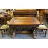 A set of six oak dining room chairs, drop in seats; an oak draw leaf dining room trestle table,