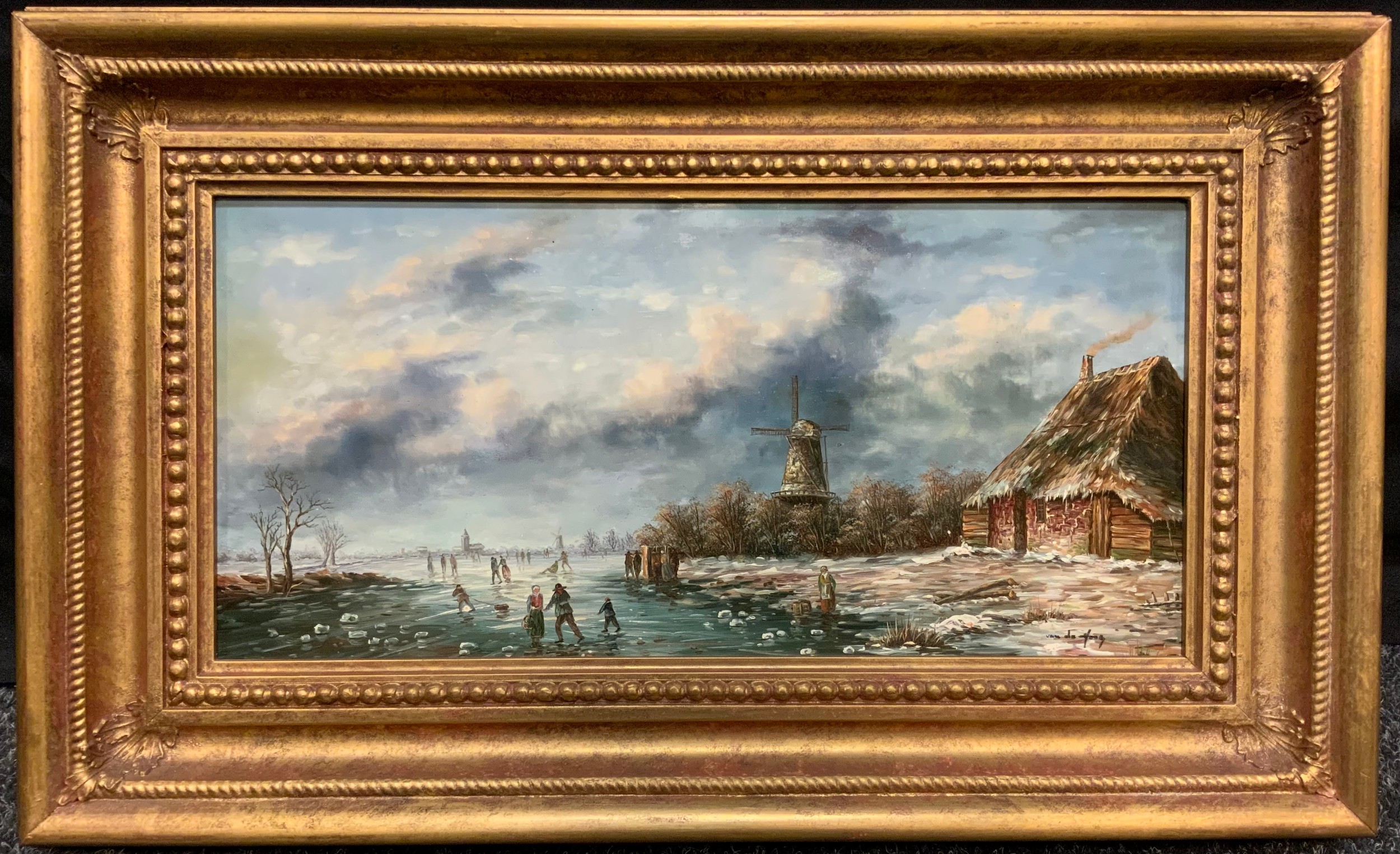 Dutch School (20th century), 'The Frozen Mill Pond', indistinctly signed, oil on panel, 19cm x 39cm.