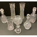 A pair of waisted cylindrical lead crystal cut glass vases, 32cm high, 10.5cm wide; Bridge crystal