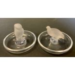 A Lalique Owl Ring Dish/Pin Tray, 9.5cm diameter; another similar Grouse ring dish, (2).