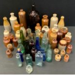 Advertising - 19th century Derbyshire salt glazed stoneware bottles, Ardwick; glass bottles, blue