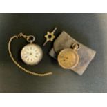 A continental 18ct gold cased ladies open face fob watch, stamped 18k, gilt dial, Roman numerals,