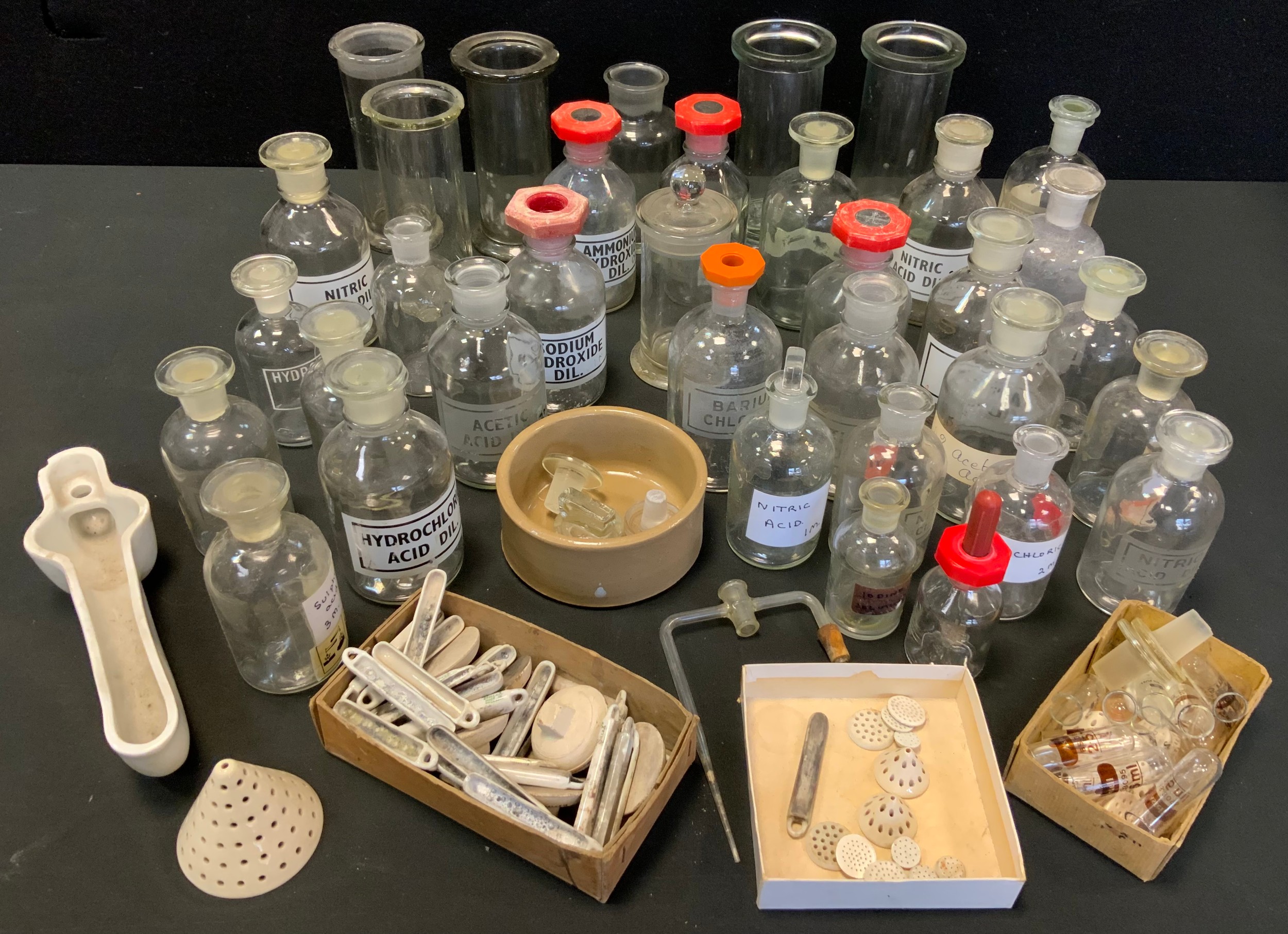 Scientific Glassware; Labelled Chemistry Bottles, Hydrochloric Acid, Sulphuric Acid, Nitric Acid,