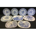 Blue and white - a set of four Masons plates; a drainer ; others Pagoda, Willow pattern etc (9)