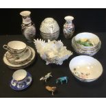 A Japanese egg shell part tea service; decorative Chinese vases; a Continental posy basket; etc