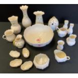 Belleek Irish Porcelain - a beehive honey pot; wavy rim trumpet vase; Celtic vase, jugs, fruit bowl,