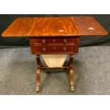 A Victorian mahogany, Regency Style, fitted writing/work box; rounded rectangular drop-leaf top,