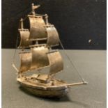 A silver coloured metal tall mast ship, marked 800, 3.71 oz