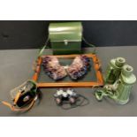 Two amethyst ashtrays; a mahognay and glass tray; Pentax ASAH1 binoculars; Fujiyama 7 x 50