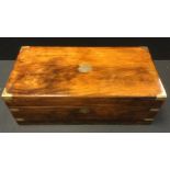 A Victorian walnut and brass bound writing box, tooled leather surface, 50cm x 25cm, c.1870
