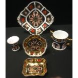 Royal Crown Derby 1128 pattern Imari footed bonbon dish; shaped rectangular trinket tray, a two