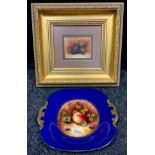 M Holdsworth painted cabinet plate, grapes, blackberries and apple, signed, cobalt ground, gilt